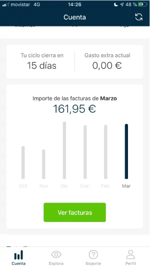 Visual de la aplicación MiMovistar para ver facturas