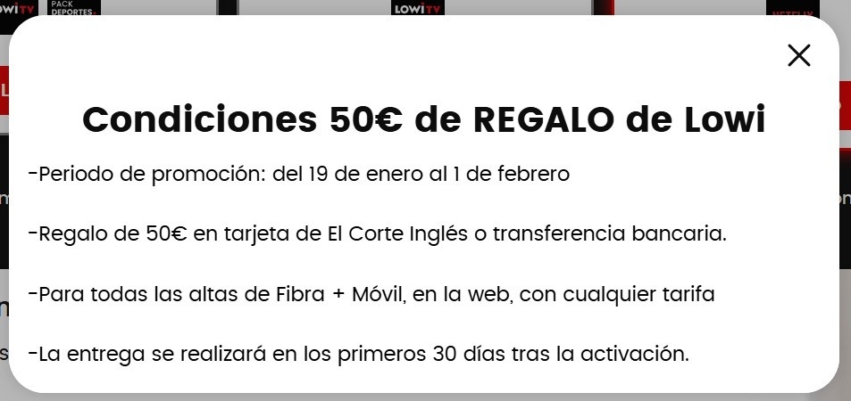 Información sobre la promoción de Lowi que regala 50 euros por la contratación de una tarifa convergente