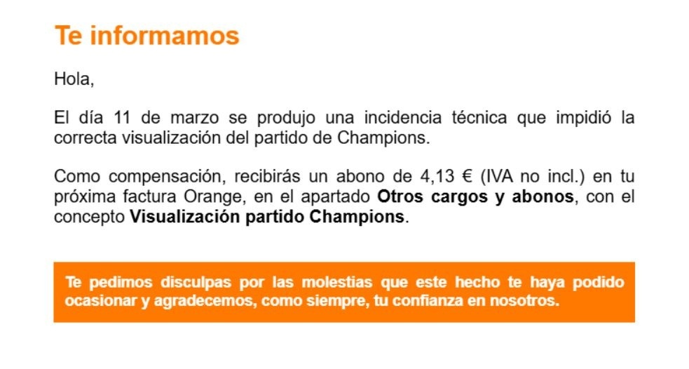 mensaje que envia orange por correo