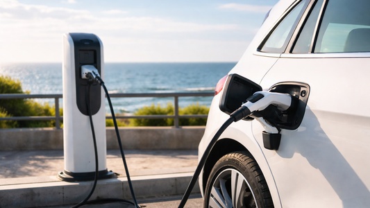 Coche eléctrico blanco cargando en un punto de recarga frente al mar