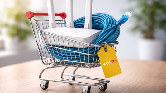 Carrito de compra con un router Wi-Fi y un cable de fibra óptica, con etiqueta con el logo de Fibritel.