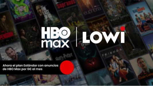 Logo de HBO Max y Lowi sobre fondo de series anunciando la llegada de la plataforma a las tarifas Lowi