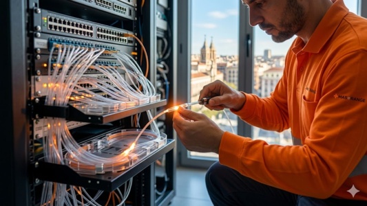 trabajador de masorange instalando al fibra