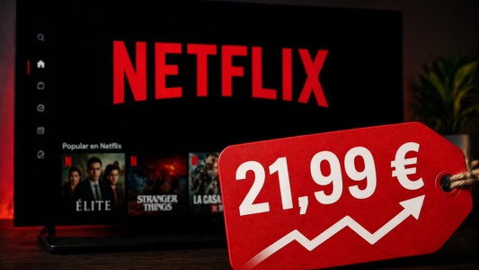 Logo de Netflix en una pantalla con una etiqueta roja de 21,99 euros y una flecha ascendente que representa la subida de precios en España
