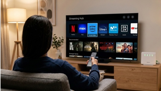 Persona sentada frente a una smart TV eligiendo entre Netflix, Max, Prime Video y Disney+ con un mando en la mano, junto a un router WiFi en un salón moderno.