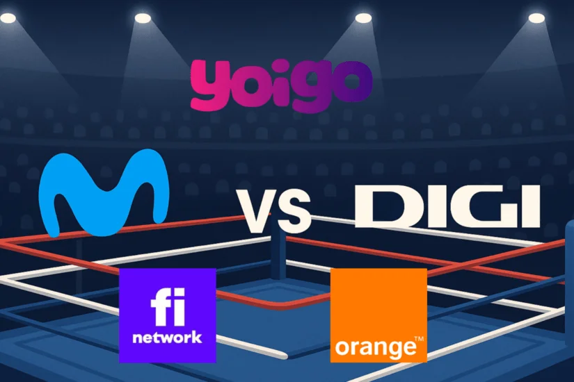 Ring de boxeo iluminado con los logos de compañías telefónicas, simulando una competición de precios.