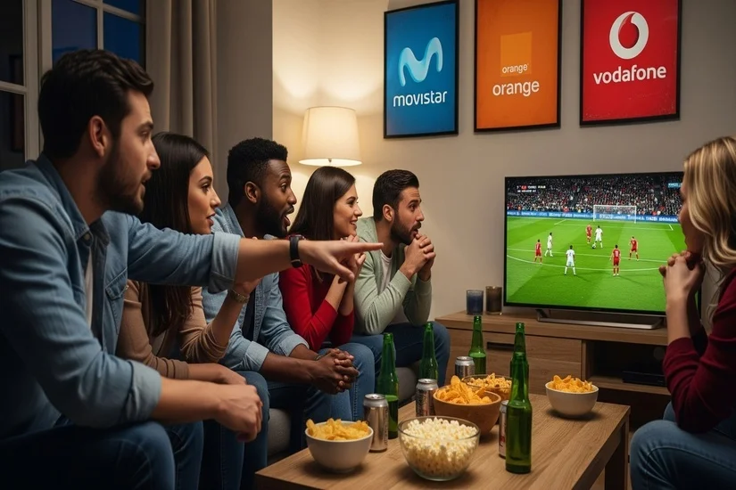 Imagen fotorealista de aficionados viendo fútbol en streaming en casa, con los logos de las principales operadoras de telecomunicaciones.