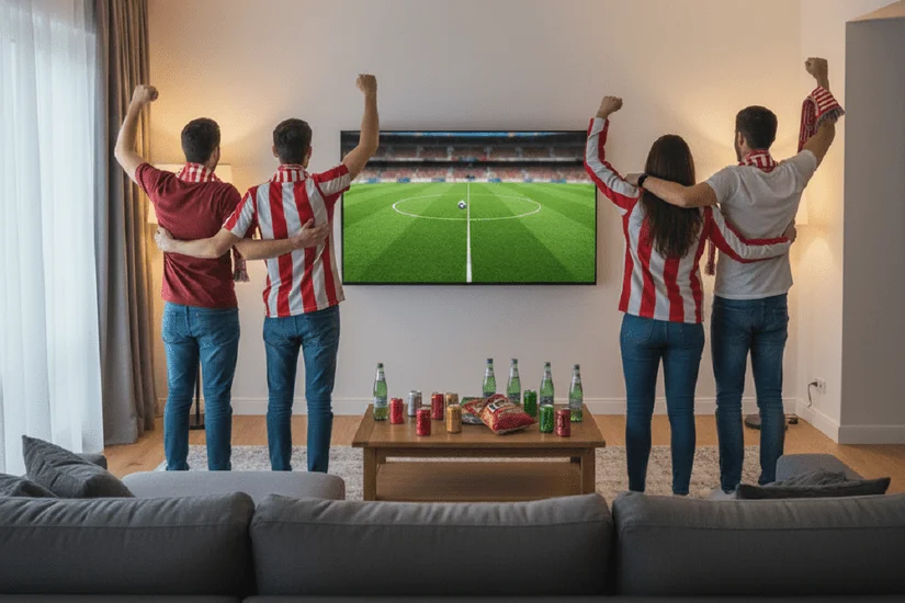 amigos disfrutando del partido del atleti